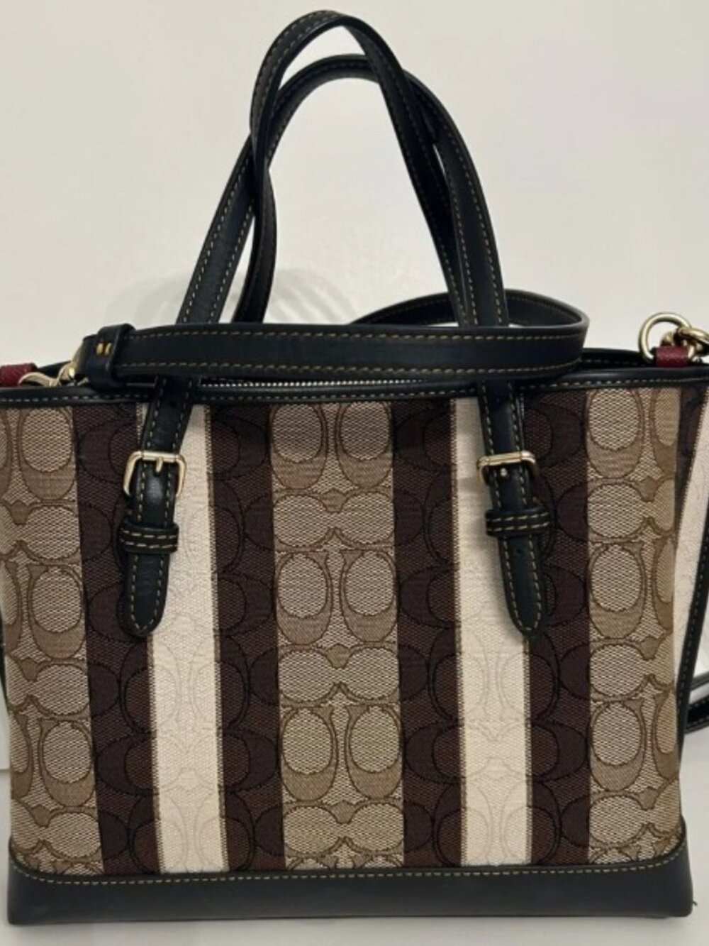 New Coach Signature Stripe Small Satchel in Brown/Black with Canvas Print - Picture 5 of 11